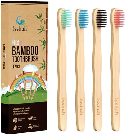 Isshah Kids Bamboo Toothbrushes Biodegradable Handle BPA Free Eco Friendly Children Size, Pack of 4 by Isshah
