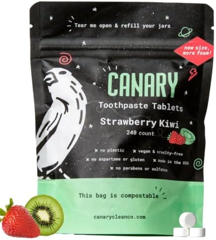 Canary Nano Hydroxyapatite Toothpaste Tablets Strawberry Kiwi - Remineralizing, Fluoride Free, All Natural Tabs with Xylitol - Great for Kids, Plastic Free - 240 Count by Canary