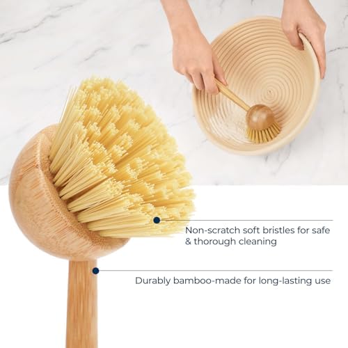 Lorzon 2 Pack Dish Brush with Handle, Bamboo Dish Scrub Brush, Kitchen Brushes for Dishes, Scrubber, Pots, Pans, Sink, Dishwashing Cleaning Brush - Image 2