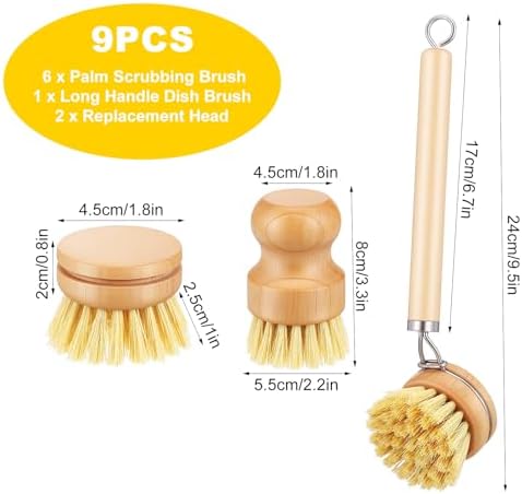 9 Pcs Bamboo Dish Brush Set, Multifunctional Dishwashing Scrubber with Natural Sisal Bristles, Wooden Dish Brush for Cleaning Pots, Dishes, Pans, Vegetables - Image 2