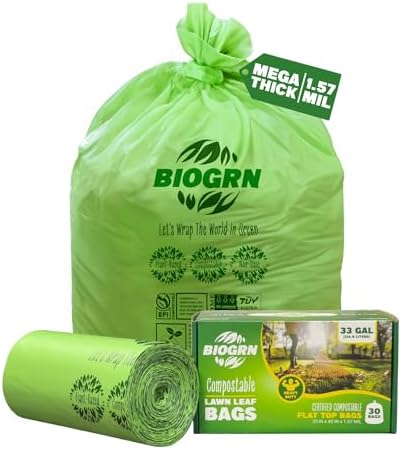 30-33 Gallon Compostable Trash Bags Flat-Top 30 Bags Heavy Duty1.57 Mil, 124.92 Liter Large Lawn and Yard Waste Bag green for Outdoor Garden ASTM D6400, US BPI and OK Compost Home Certified by BIOGRN