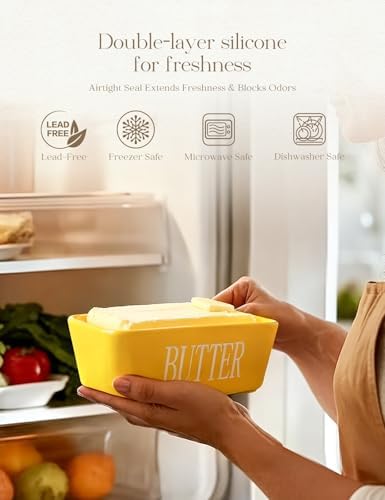Ceramic Butter Dish with Lid and Knife Silicone Seal for Countertop Yellow - Image 3