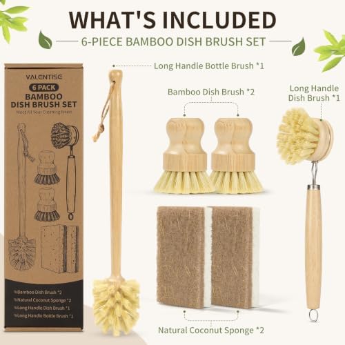 6 Pack Bamboo Dish Brush Set, Natural Dish Brush with Long Handle Bottle Brush, Wooden Dish Brush Set for Cleaning Dishes, Bottles, Pans and Vegetables - Image 2