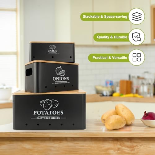 Kitchen Vegetable Storage Set of 3, Metal Onion Garlic Potato Storage Set, Kitchen Canisters Vegetable Keeper Containers with Aerating Holes and Bamboo Lid,Black - Image 3