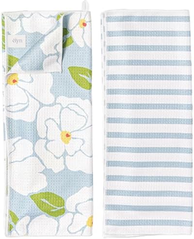 ELYN Microfiber Kitchen Dish Towel Set, Quick-Dry & Absorbent Waffle Weave Cleaning Towels, Set of 2 Kitchen Towels, Paper Towels Alternative (Magnolias & Stripe) by ELYN