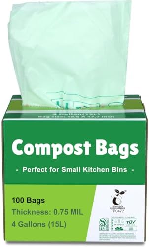 100% Compostable Bags, 4 Gallon (15L) Food Scraps Yard Waste Bags, Extra Thick 0.75 Mil. ASTM D6400 Compost Bags Small Kitchen Trash Bags, 100 Count Certified by BPI & TUV EU by Primode