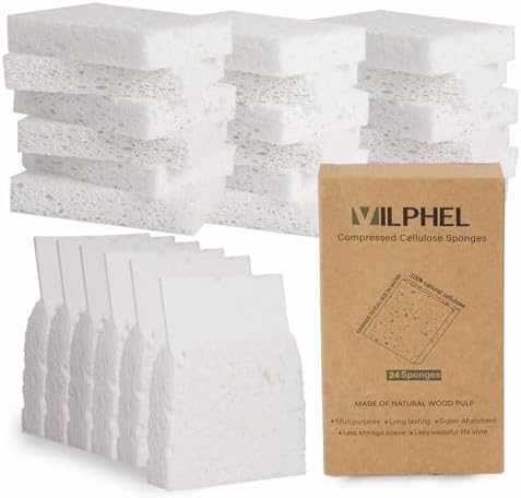 White Plant Based Sponges for Kithcen, 24 Count, Dehydrate, Natural, Organic, Non Abrasive, No odor, Durable Washable Recycled Soft Bio-Based Cellulose Sponge for Washing Dishes and Countertop by NaturalSponges