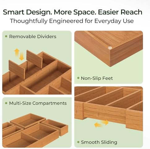 keechee 6-Piece Bamboo Drawer Organizer Set, 2.2" Deep Multi-Use Organizers for Utensils, Silverware, Cutlery, Desk, Bathroom, Junk Drawer & Makeup, Non-Slip Feet Included. - Image 5