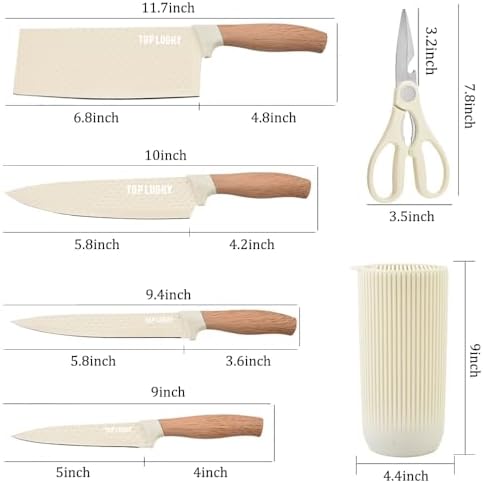 Knife Set, Wiztoynia 6-Piece Beige Kitchen Knife Set for Home, Anti-Rust Non-stick Stainless Steel Sharp Chef Knife Set with Universal Knife Block for Kitchen, Ergonomical Design (Beige) - Image 6
