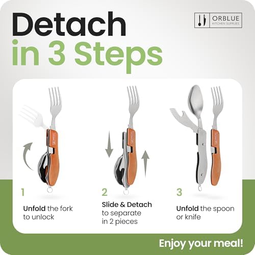 Orblue 4-in-1 Camping Eating Utensils, 2-Pack - Portable Spoon, Fork, Knife & Bottle Opener Combo Set - Stainless Steel Flatware with Detachable Fork - Travel, Backpacking Cutlery Multitool, Orange - Image 3