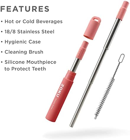 Zoku Reusable Metal Straw with Case, Collapsible Travel Straw - Red - Image 2