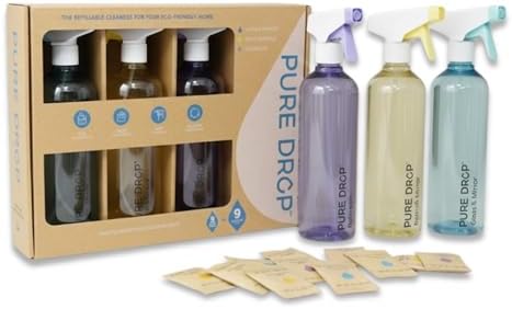 Pure Drop Eco-Friendly Cleaning Starter Kit – 3 Reusable Spray Bottles & 9 Concentrated Cleaning Tablets | Multi-Surface, Glass & Mirror, Bathroom Cleaner |Non-Toxic, Zero Waste, Plastic-Free Cleaning by Unknown