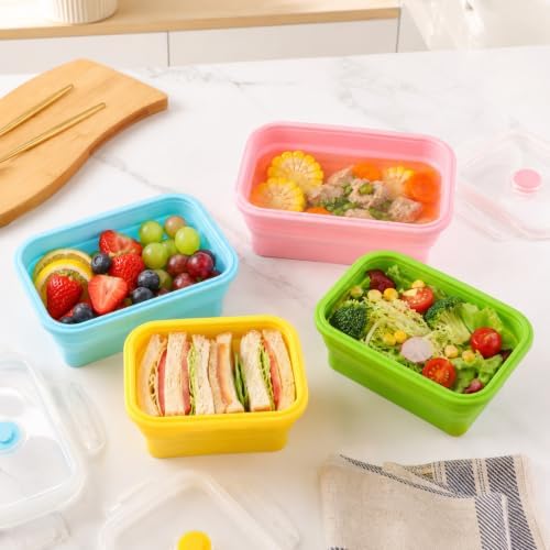 4Pcs Collapsible Silicone Food Container with Lid Heat Resistant Foldable Food Storage Containers Microwave Dishwasher and Freezer Safe 350/500/800/1200 ml for Kitchen Picnic Travel(Multicolor) - Image 7