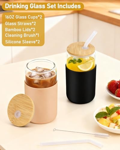 16 oz Glass Cups with Lids - 2 Pack Iced Coffee Cups with Silicone Sleeves - Image 2