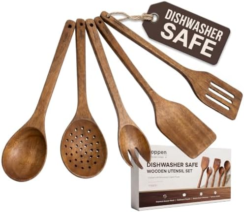 Koppen Dishwasher Safe Acacia Wood Kitchen Utensils Set, 5 Pcs Wooden Utensil Set for Nonstick Cookware, Non Toxic Cooking Spatula, Resist Water Absorption & Crack Resistant, Long-Lasting by KOPPENLIVING