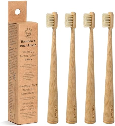 Gaia Guy Bamboo & Boar Bristle Toothbrushes – 4 Pack | Natural Boar Bristles | Plastic-Free, Standing Handle | Minimalist, Low-Waste Oral Care by GaiaGuy