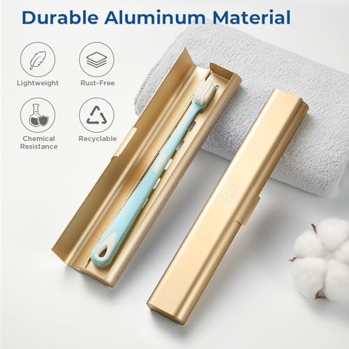 Aluminum Toothbrush Travel Case, Portable Travel Toothbrush Holder, Durable Manual Toothbrush Box Container for Traveling, Bathroom, Camping, Business Trip-Gold - Image 2