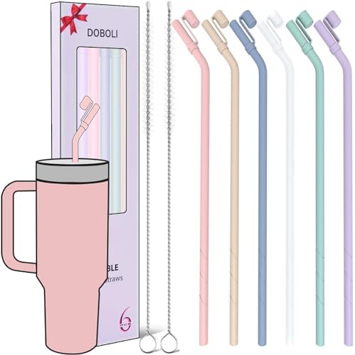 Doboli Replacement 13 inch Long Silicone Straw With Straw Cover,Compatible with Stanley Owala 40 oz 30 oz Cup Tumbler, 6 Pack Reusable Bent Straw with Cleaning Brush,for Stanley Tumbler Accessorie by Doboli