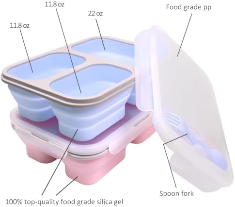 2 Pack Big Collapsible Silicone Bento Lunch Boxes With Lids spoons forks,3 Compartments, Divided Lunch Food Storage Containers, Safe in Microwave, Dishwasher and Freezer, 45.6oz, (Pink+Blue) - Image 3