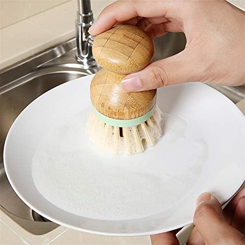 4 Pieces Bamboo Dish Scrub Brush with Holders Wooden Bamboo Round Scrubbers Stiff Bristles Pot Brushes for Wash Dishes, Pots, Pans, Kitchen Iron Pot Pan Sink(Classic Style,Green) - Image 4