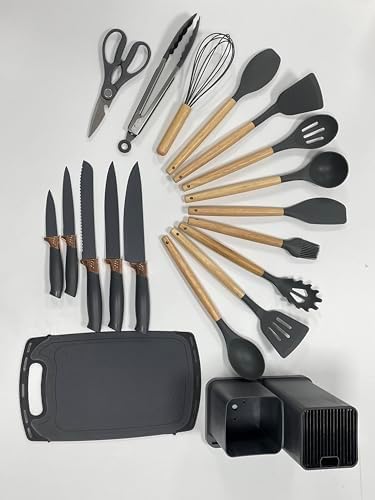 Kitchen Utensils Set & Knife Set with Block, 19 Piece All-in-One Cooking Set, 12 Nonstick Silicone Utensils + 5 Sharp Stainless Steel Chef Knives + Cutting Board, Dishwasher Safe Gift Set (Black) - Image 3