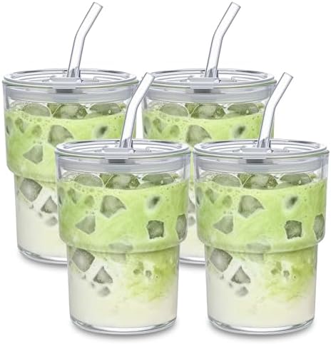 13oz Iced Coffee Cup, Reusable Glass Tumbler with Straw and Lid, Thick Wall Glass Cups with Lids and Straws for Matcha, Smoothies, Drinking Glassware Water Cups (clear-4pack) by MINGHYZYA
