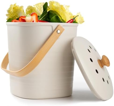 Compost Bin, LALASTAR Compost Bin Kitchen Counter with Lid, Made of Sustainable Bamboo Fiber, Odorless Indoor Compost Bin, 1 Gallon, Cream, Square by LALASTAR