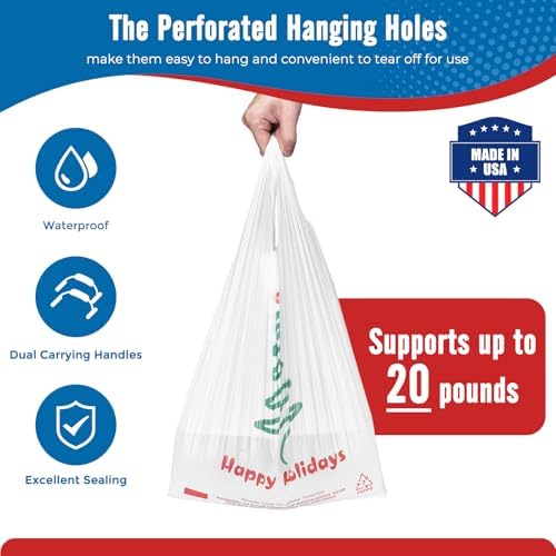 Fuxury 1000 Count Happy Holiday Christmas Tree Plastic Bags with Handles - Image 3