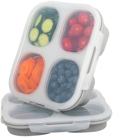 4-Compartment Collapsible Silicone Snack Containers (2-Pack), Leakproof Bento Box for Adults Portion Control, Space Saving Food Storage snakle box with Airtight Clip Lids, Microwave Safe (2) by Unknown