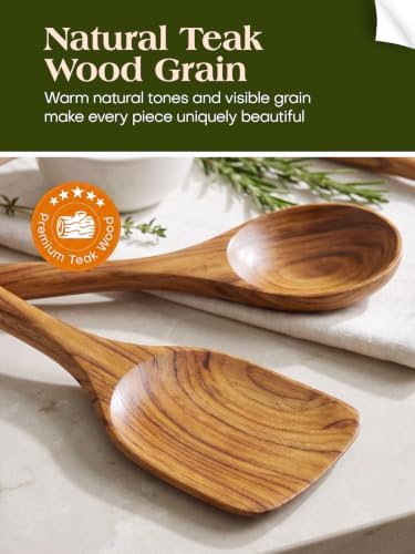 AIUHI 10Pcs Wooden Kitchen Utensils, Teak Wood Utensil Set for Kitchen, Heat-resistant Wooden Spoons for Cooking, Nonstick Wood Spatula Soup Ladle Tong Egg Whisk - Image 3