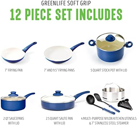 GreenLife Soft Grip Healthy Ceramic Nonstick 12 Piece Cookware Pots and Pans Set, PFAS-Free, Dishwasher Safe, Blue - Image 4