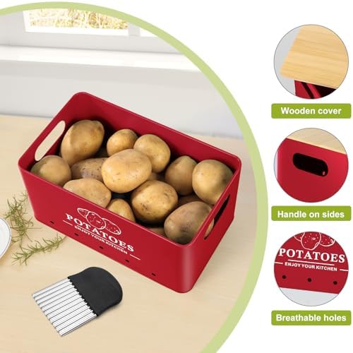 Kitchen Vegetable Storage Set of 3, Metal Onion Garlic Potato Storage Set, Kitchen Canisters Vegetable Keeper Containers with Aerating Holes and Bamboo Lid，Red - Image 3