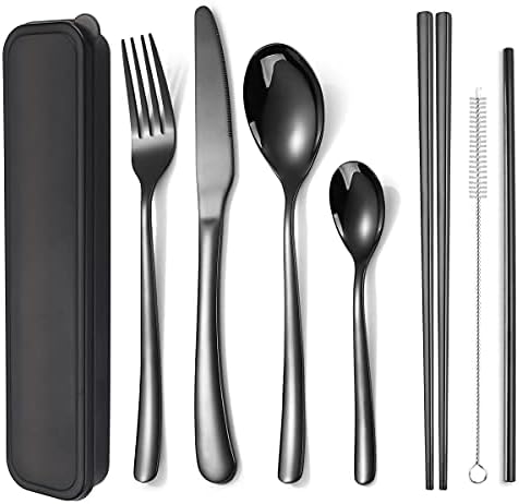 AARAINBOW 6 Pieces Stainless Steel Flatware Set Portable Reusable Cutlery Set Travel Utensils Set Including Chopsticks Knife Fork Spoon Straws Cleaning Brush Dishwasher Safe (7 Black) by AARAINBOW