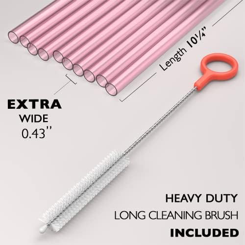 Fiesta First 10 EXTRA WIDE Long Reusable Hard Plastic Drinking Straws + Cleaning Brush - Fat Thick Large Jumbo Straws for Smoothies and Milkshakes - Pink - Dishwasher Safe BPA Free - Image 2