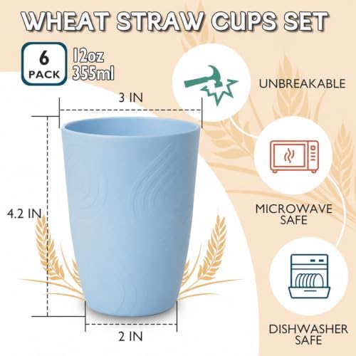 Wrova Wheat Straw Cups Set 6-Piece, 12 OZ Plastic Cups Reusable Drink Cups - Image 2