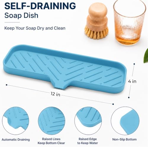 MicoYang Silicone Soap Dish with Drain Spout — Self-Draining Double Sink Organizer Tray for Kitchen & Bath, Dispensers, Sponges & Soap Holder, Non-Slip & Dishwasher Safe, Light Blue (Large, 12"×4") - Image 2