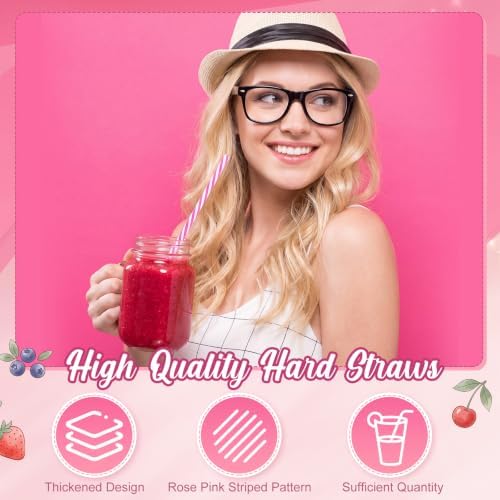 Honeydak 50 Pcs Reusable Plastic Straws Bulk,Rose Red Stripe - Image 3