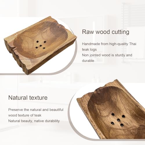 Natural Teak Wood Soap Holder, Automatic Draining Soap Tray with Drain Holes, Handmade Rustic Soap Dish & Countertop Soap Saver Stand for Bathroom and Kitchen - Image 3