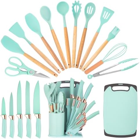 19-Piece Kitchen Utensil and Knife Set, Black (Green) by HEEVON