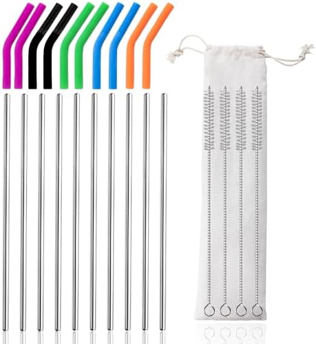 Lazycorner 10 Pcs Metal Straw Reusable 8.5" 6mm Stainless Steel Straws,20oz-32oz, Silver Drinking Straws with Silicone Tips, 4 Straw Cleaner Brush, 1 Travel Case by Lazycorner