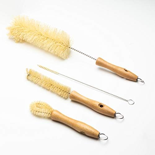 All Natural Bottle Brush and Straw Set (NO Plastic) Sisal Bristles and Wood Handle Bottle Cleaners for Washing Narrow Beer Bottles, Sports/Water Bottles, Tumbler, Kettles, Lid Brush, Long Straw Brush by GaiaGuy