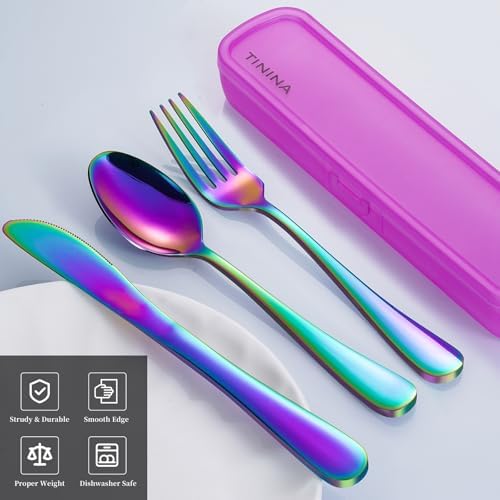Travel Utensils with Case, 4-Piece Stainless Steel Portable Cutlery Set, Reinforced Case with Buckle Design, Lunch Box for Camping Work School, Include Fork Spoon Knife, Dishwasher Safe, Rainbow - Image 2
