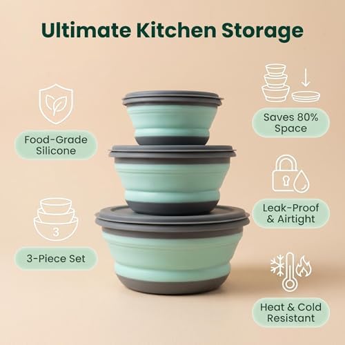 Collapsible Silicone Bowls with Lids, 3 Pack Food Grade Foldable Camping Bowl Set, Portable Travel Bowls for Salad, Ramen, Lunch, Outdoor Collapsible Food Storage Containers - Image 2