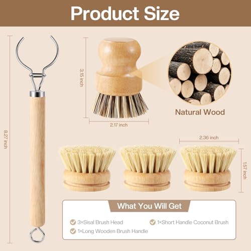 5 Pcs Bamboo Dish Brush Set Includes 1 Wooden Handle with 3 Natural Replaceable Bristle Heads and 1 Handheld Bamboo Wok Brush Scrubber for Dishes Pans Pots Fruit and Veggie Washing(Style B) - Image 2