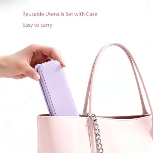 Travel Utensils with Case, Camping Utensil Sets, Wheat Straw Portable Knife Fork Spoons Tableware, Reusable Utensils for Lunch Box (Purple) - Image 5
