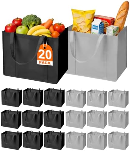 HECTOLIFE 20-Pack Reusable Grocery Bags，Large Washable Foldable Shopping Bags，Heavy Duty Tote Bags with Reinforced Handles by HECTOLIFE