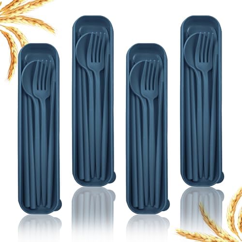 4 Sets Reusable Utensils Set with Case,Camping Cutlery Set Travel Silverware Set with Case Lunch Utensils Set for Work,Utensil Sets for Lunch Picnic Daily Use Outdoor (Darkblue) by ZGQHZR