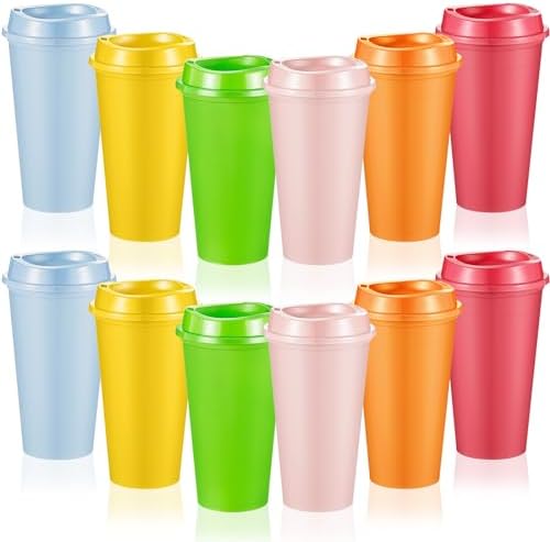 FillTouch 12 Pcs 16 oz Reusable Coffee Cups with Lids, Vibrant Colors by FillTouch
