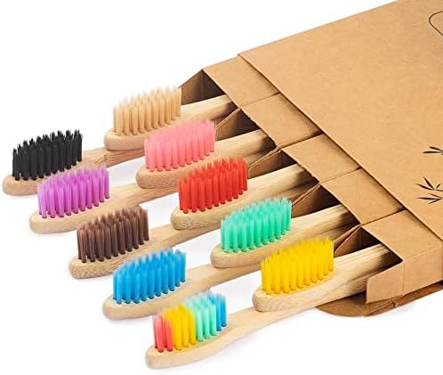 Bamboo Toothbrushes 10 Pack, Soft Bristle Toothbrush Multicolored Bristles by NUDUKO-Eco-FriendlyGreenProducts
