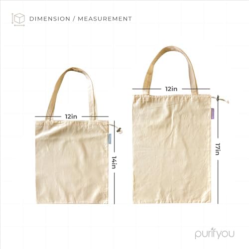 purifyou Set of 9 Mini Tote Bags with Drawstring, Reusable Organic Cotton Canvas Bags for Grocery Shopping, Dry Goods, Beach Essentials, Storage, and Travel, Washable (Large, XL) - Image 2